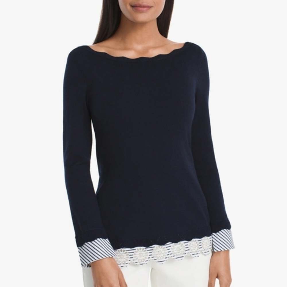 BHWM Silk Cotton Blend Eyelet Boat-Neck Stripe Twofer
